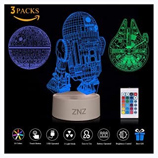3D LED Star Wars Luz de noche- Lampara de ilusion Death Star + R2-D2 + Millennium Falcon- Tres patrones y 16 colores Lampara de decoracion Cambio - Regalo perfectos para nino - 3 paquete