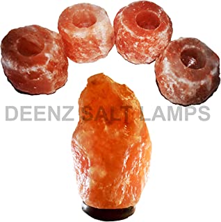 DEENZ - Lampara de sal del Himalaya- 1 lampara de sal rosa del Himalaya de 3 a 5 kg con 4 portavelas de sal del Himalaya 100- pura calidad premium- mejor regalo- decoracion del hogar y salud