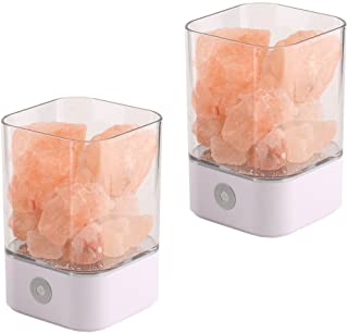 NUZAMAS Juego de 2 lamparas de sal 5W Cristal rosa del Himalaya natural Terapeutica Roca Mineral pequeno 12V Luz USB Dormitorio- oficina- exterior- camping-varios colores (blanco cuadrado)