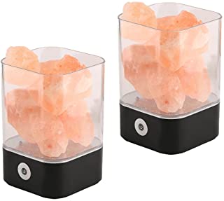 NUZAMAS Juego de 2 lamparas de sal 5W Cristal rosa natural del Himalaya Roca terapeutica Mineral pequeno Luz de 12V USB Dormitorio- oficina- exterior- camping- varios colores (cuadrado negro)
