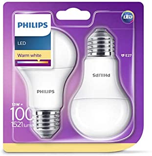 Philips Bombilla LED estandar E27- 13 W equivalentes a 100 W en incandescencia- 1521 lumenes- luz blanca calida- pack de 2